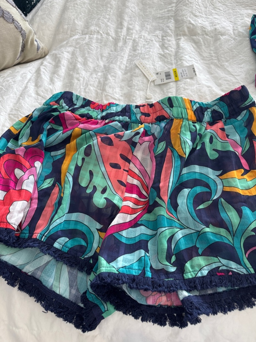 Trina Turk Navy Multicolor Tropical High-Waist Fringe Shorts
